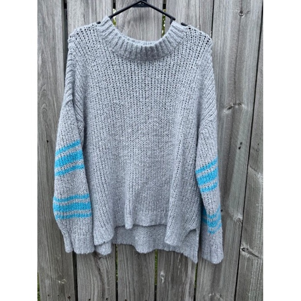 Oversized Gorpcore Aerie Chunky Knit Sweater S Grey Blue Striped Wool Blend
